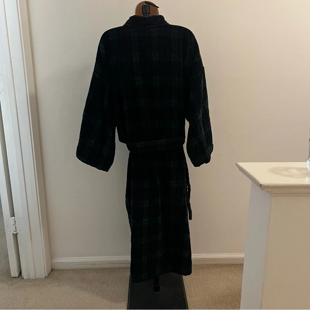Vintage Christian Dior Pyjama Cotton Robe Plaid Green Blue One Size Terry Robe - Picture 7 of 12